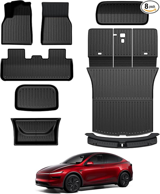 Floor Mats for 2025 2026 Tesla Model Y Juniper, 8PCS All Weather Full Set Cargo Liners Accessories, 3D TPE Odorless Trunk Frunk Rear Mats & Trunk Sill Guard for 5-Seater (Not Fit Standard-YL-7-Seat)