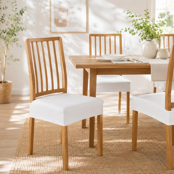 NILUOH Waterproof Seat Covers for Dining Room Chairs Set of 6, Pu Leather Chair Seat Slipcovers Dining Chair Cover Removable Washable Chair Protctor Cover, Rear Covers (PU-White)