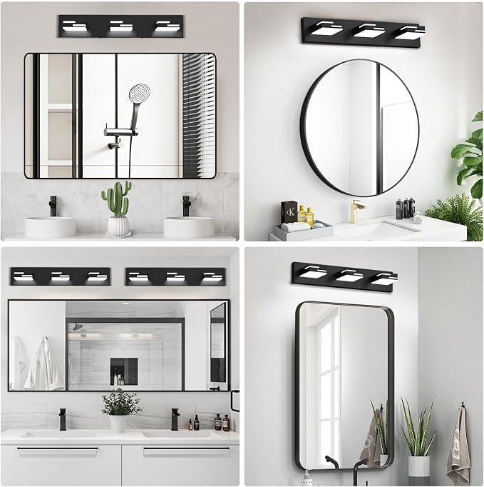 LED Modern Bathroom Vanity Light Fixtures, Dimmable Matte Black Vanity Lights for Bathroom Lighting Fixtures Over Mirror, with 360° Rotatable Acrylic Heads 3-Light 22-inch 5CCT