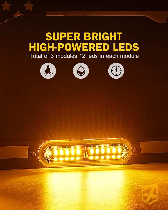 Xprite 36 LED License Plate Strobe Light, US Flag Front/Rear Utility Lights, 22 Modes Caution Frame for Construction Towing Snow Plow Pickup Work Trucks Cars - Amber (w/Pre-Installed 9FT Cable)