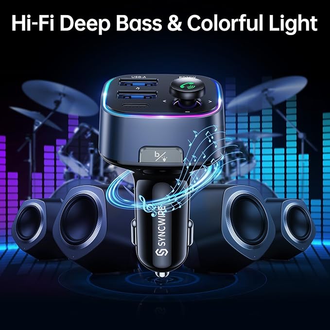 Syncwire Bluetooth 5.4 FM Transmitter Car Adapter 48W(PD 36W & 12W) [Light Switch] [Hi-Fi Deep Bass] [Fast Charging] Wireless Radio Music Adapter LED Display Hands-Free Calling Support USB Drive