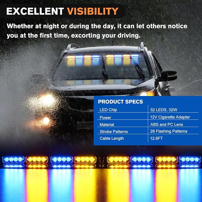 Nilight 32LED Amber Blue Emergency Dash Strobe Lights with Controller Suction Cups Warning Hazard Interior Front/Rear Windshield Deck Split Light Bar for Trucks Construction Vehicles