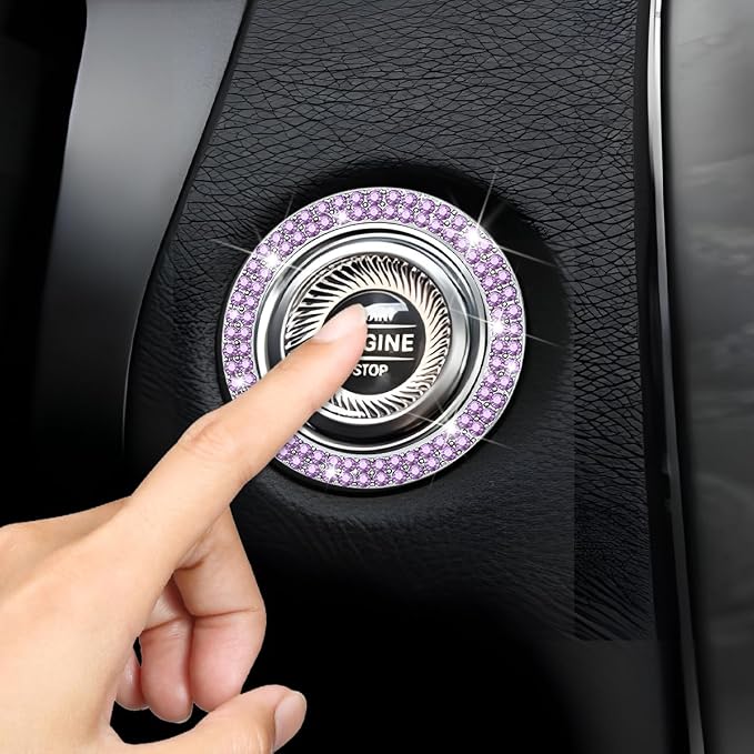 Bling Car Engine Start Ring Decals, 2PCS Sparkling Crystal Rhinestone Vehicle Push to Start Button Sticker, Diamond Auto Key Ignition Knob Decorative Ring, Universal for Vehicles (Light Purple)
