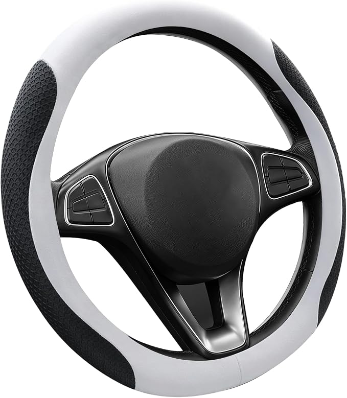 Premium Nappa Leather Steering Wheel Cover, Universal, Comfort Grip, Anti-Slip Breathable, Compatible with 14.5-15 in Steering Wheel Protector, White