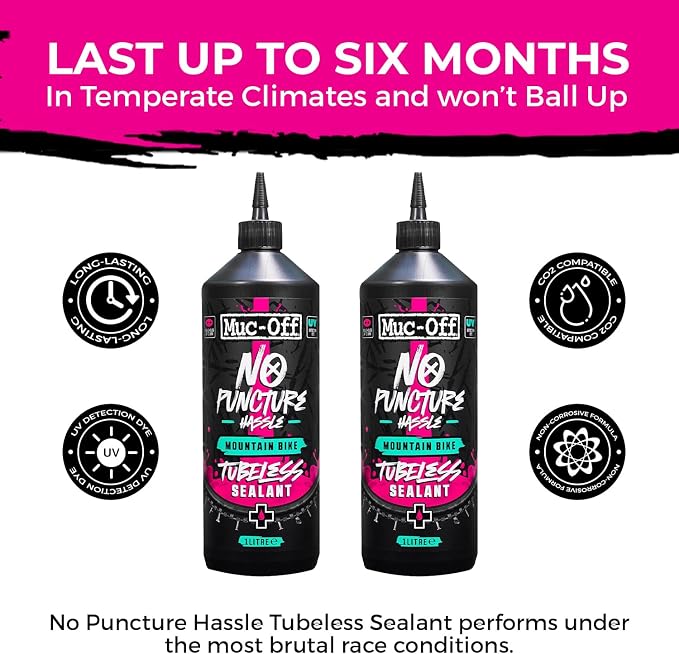 Muc-Off No Puncture Hassle Tubeless Sealant - Advanced Bicycle Tyre Sealant with UV Tracer Dye That Seals Tears and Holes Up to 6mm