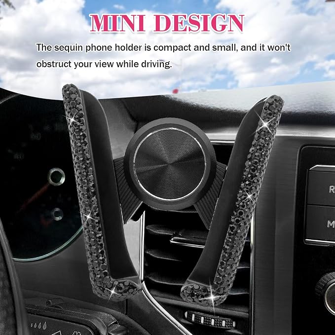 Bling Rhinestone Car Phone Holder, Mini Universal 360° Adjustable Auto Mount For Dash & Air Vent, Crystal Car Accessories For Women & Girls (Black)