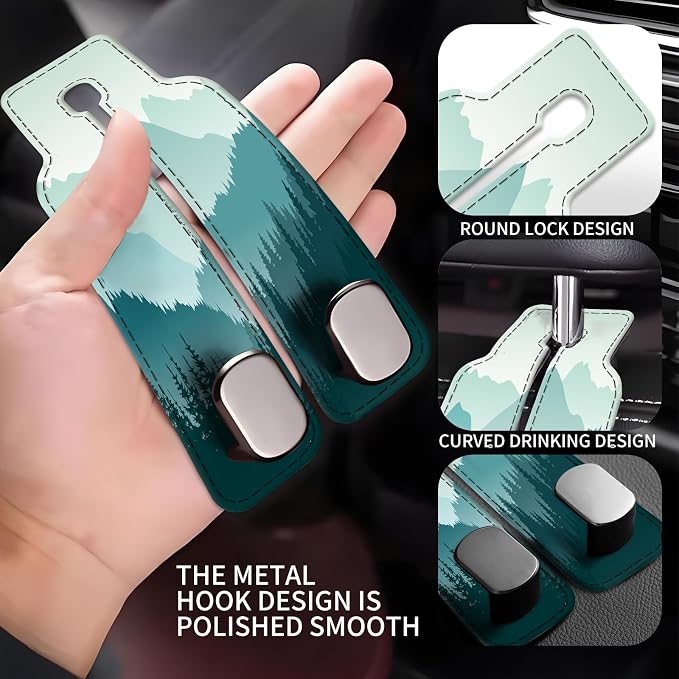 Car Seat Back Storage Headrest Hook, Premium Leather Double Metal Hook, Hanger Storage Organizer for Purse Cloth Bag, Car Interior Accessories Beautiful Blue Mountain