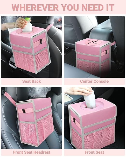 Capolo Car Trash Can with Lid, Leakproof Car Trash Bag Hanging Waterproof Automotive Garbage Can with Storage Pockets Mini Vehicle Trash Bin for Back/Front Seat(Pink,2.5 Gallon)