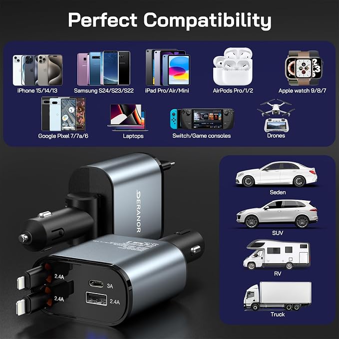 [2 Pack] Retractable Car Charger 4 in 1 Fast Car Phone Charger 69W, USB C Car Truck Accessories Adapter with 2X Retractable Phone Charger Cords and USB Port for i Phone 16/15/14/13,for Samsung S25/S24