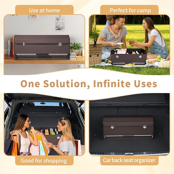 Trunk Organizer for Car with Lid Leather Trunk Organizer Car Organizer | SUV Trunk Organizer with Push-pull Handle Car Trunk Storage Organizer for Minivan, Truck, Sedan (Brown, 27.1 x 11.4 x 12.2in)