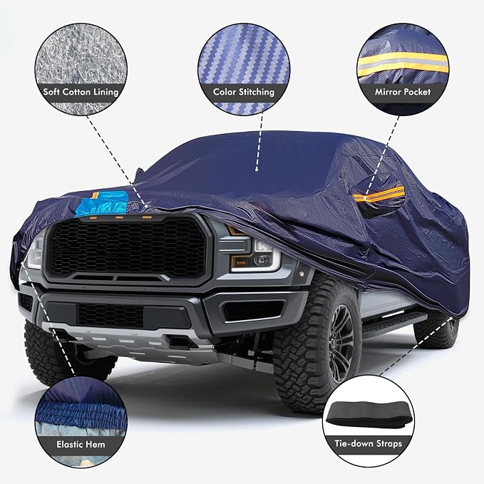 Car Cover Waterproof All Weather, 6 Layers Outdoor Full Exterior Cover Rain Sun UV Snowproof Protection with Zipper Cotton, Mirror Pocket for Ford F-150 Raptor
