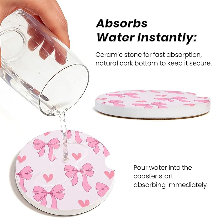 2 Pack Pink Bow Car Coasters for Women Car Cup Holder Coasters, 2.63 Inch Anti Slip Ceramic Absorbent Coaster with Cork Base and Finger Notch, Cute Car Accessories Interior