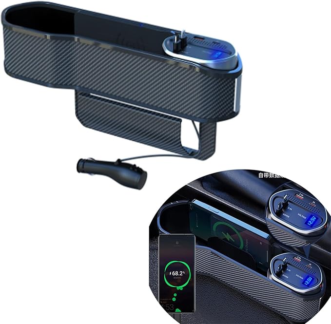 Car Seat Gap Filler Organizer with Wireless Charger,Cigarette Lighter | ASVEGE 5 In 1 Quick Charge Storage Box with 2 USB Ports & 2 60W Retractable Charging Cable,Cup Holder for Sedans Suv Truck