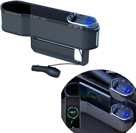 Car Seat Gap Filler Organizer with Wireless Charger,Cigarette Lighter | ASVEGE 5 In 1 Quick Charge Storage Box with 2 USB Ports & 2 60W Retractable Charging Cable,Cup Holder for Sedans Suv Truck