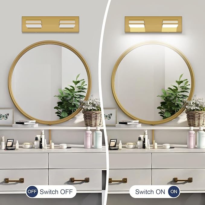 SineRise LED Modern Bathroom Vanity Light Fixtures (2-Light, 15.5-Inch, Dimmable), Brass Modern Acrylic Bathroom Wall Lighting Fixtures Over Mirror (Cool White 6000K)