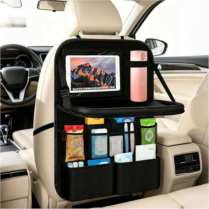 Backseat Car Organizer,Foldable Back Seat Car Organizer with Cars Tray & Cup Holder,Multifunctional Back of Seat Cars Organizers as Rear Seats Organizers for Most Vehicles