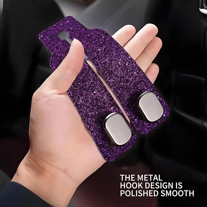 Car Seat Headrest Hook, Universal Leather Cute Hanger Holder Hook, Storage Organizer Interior Accessories for Purse Bags Handbag Glitter Purple Pattern
