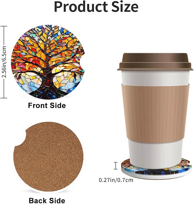 Tree of Life Art Car Cup Holder Coasters 2 Pack 2.63" for Women | Glass Universal Anti Slip Ceramic Absorbent Coaster with Cork Base and Finger Notch Cute Car Accessories Interior