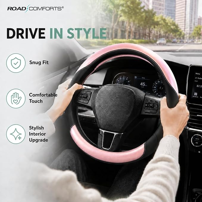 Road Comforts Steering Wheel Cover – Breathable Leather Steering Wheel Cover, Anti-Slip Grip, Universal Fit 14.5” to 15”, Heat & Cold Resistant for Cars, SUVs, and Trucks – Black & Shining Pink
