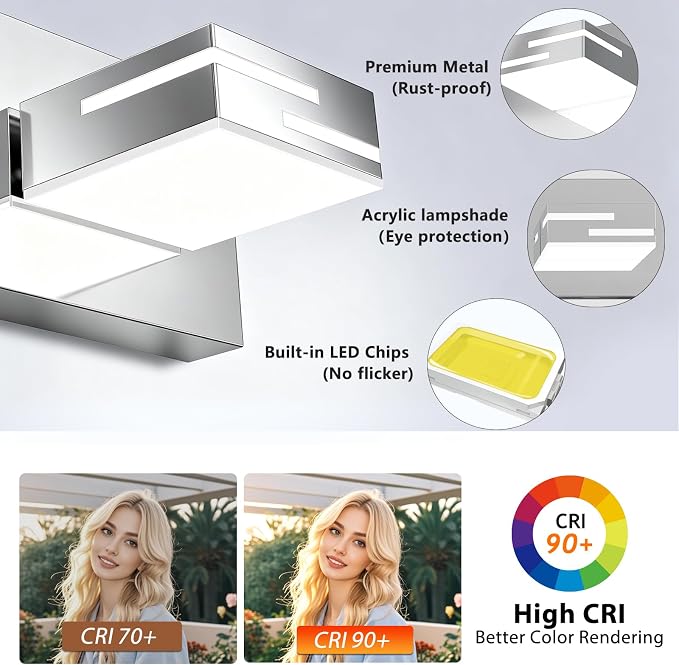 LED Modern Bathroom Vanity Light Fixtures, Dimmable Chrome Vanity Lights for Bathroom Lighting Fixtures Over Mirror, with 360° Rotatable Heads 4-Light 30-inch (Cool White 6000K)