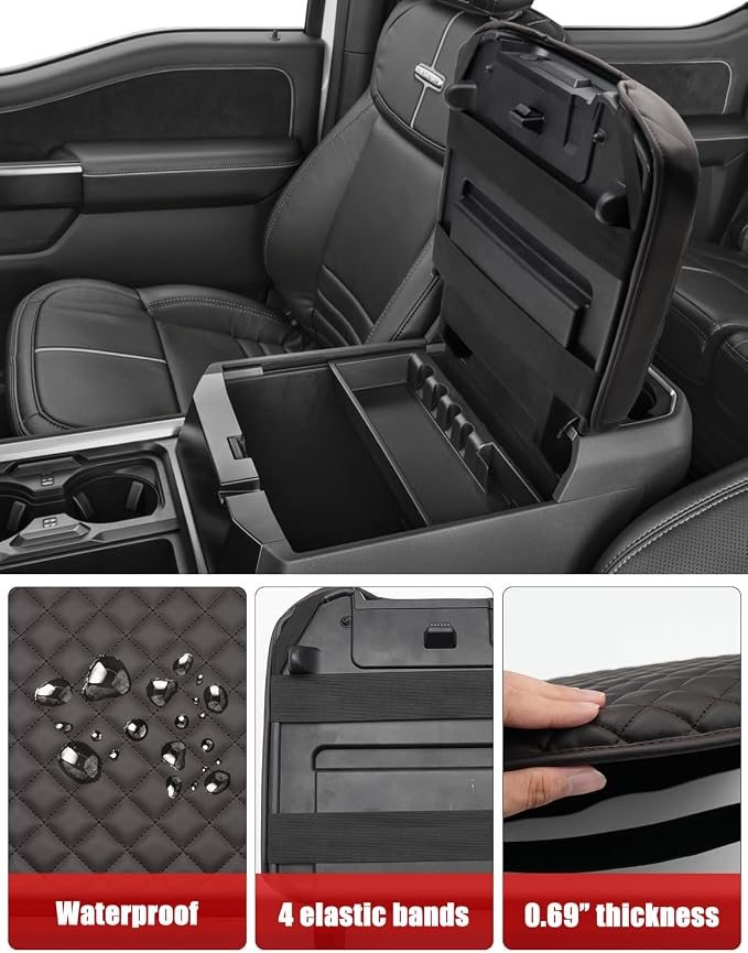 Center Console Armrest Cover for Ford F250 F350 F450 F550 Super Duty 2023 2024 2025 2026, Vinyl Leather Trim, Arm Rest Lid Cushion Protector, Anti-scratch, Dark Brown (Fits Bucket Seat Console Only)