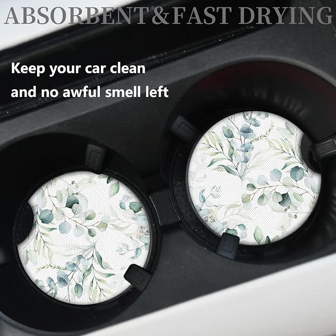 Car Coasters,2Pcs Eucalyptus Cup Slot Mat Silicone Non-Slip Pad Cup Heat Insulation Coasters for Car Interior Accessories，Car Cup Holders Absorbent Cup Holders Car Accessories for Women & Men