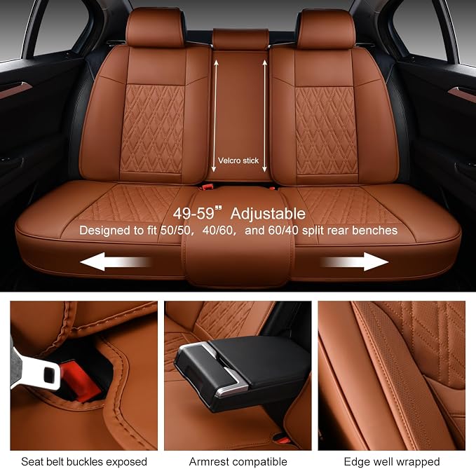 Car Seat Covers Full Set, Breathable Leather Automotive Front and Rear Seat Covers, Car Seat Protectors Full Set,Universal Automotive Vehicle Seat Cover for Most Sedan SUV Pick-up Trucks, Brown