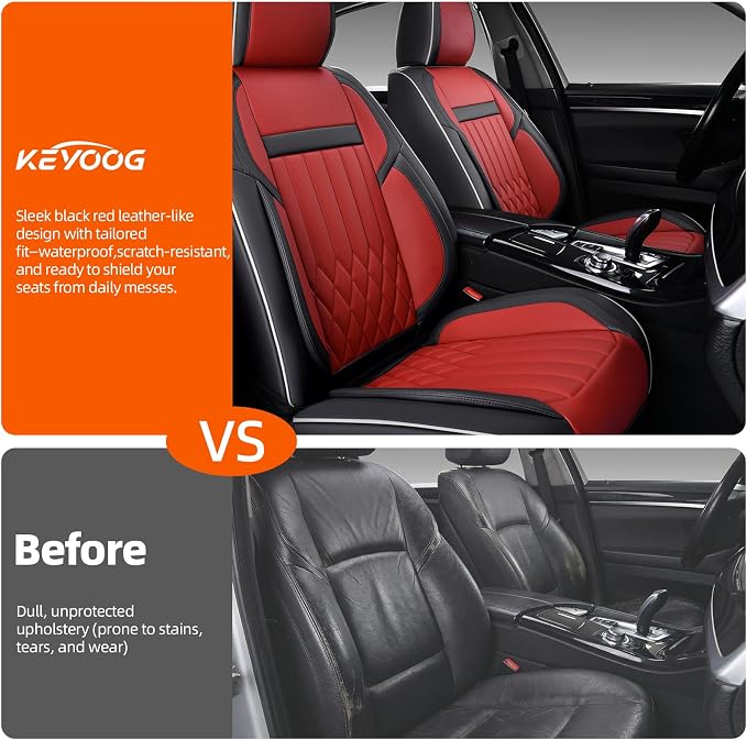 2-Seater Waterproof and Breathable Nappa Leather Car Seat Covers Full Set, Fit for Front Seats of Cars, Compatible with Airbags, Car Seat Protector Covers for Most Cars - Black Red