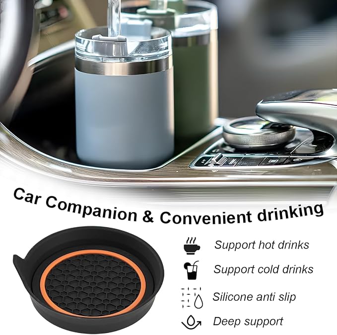HZEL Car Cup Holder Coasters, 2PCS Non Slip Waterproof Vehicle Water Bottle Pads, Recessed Automotive Drink Mat Decoration Accessories, Universal Fit (Orange/Black)