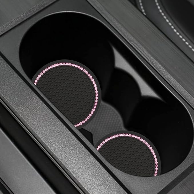 Yousheng 2PCS Bling Car Cup Coaster, Universal Holder Insert Rhinestone Anti Slip Silicone Accessories Suitable for Most Interior, Best Gift Women, Black and Pink