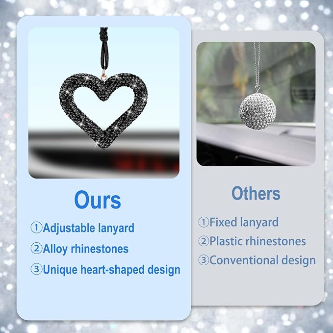 Bling Heart Car Hanging Accessories, Car Accessories for Women, Bling Rear View Mirror, Universal Bling Heart Diamond Car Accessories for Cars, Trucks, SUVs (Black)