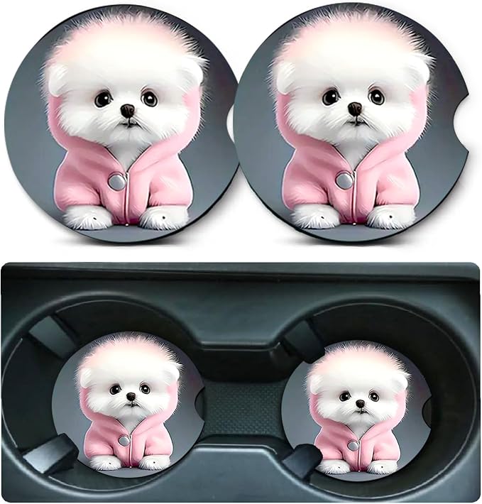 2 Pack Dog Car Cup Holder Coasters Universal Neoprene Coasters | 2.75" Universal Size Anti Slip Rubber Mat, Auto Cup Holder Accessories for SUV Truck, Gifts for Dog Lovers Women Men Mom