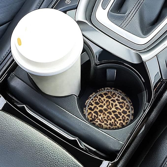 Leopard Print Bling Rhinestone Anti Slip Coasters - 2.75" Insert Suitable for Most Cars - 2PCS