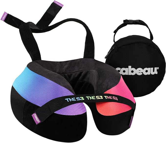 Cabeau Travel Neck Pillow for Airplanes – The Neck’s Evolution, TNE S3 – Supportive Memory Foam Design for Long Haul Flights – Attachable Seat Straps and 360° Support (Amsterdam Rainbow)