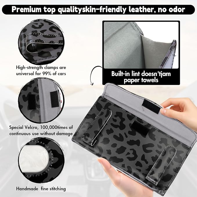 2 Pcs Sunglass Holder and 1Pcs Car Tissue Holder for Car, Magnetic Leather Sunglasses Holder Car Sun Visor Glasses Hanger Clip,Car Interior Accessories for Women(Black Leopard Print)