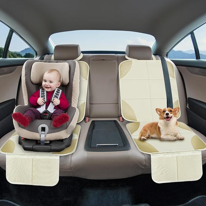 Musclez Car Seat Protectors, Car Seat Covers Waterproof 600D Fabric, Non-Slip Backing & 2 Mesh Pockets Carseat Protector for Child Safety Seats, Pets, Automotive Interior Protection (White-2pcs)