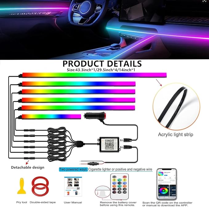 Interior Car LED Strip Lights, Acrylic LED Lights for Car with Dynamic Dreamcolor Chasing, Ambient Lighting Kits Music Sync Wireless APP and Remote Control (6 in 1) 175 inches 593 LEDs