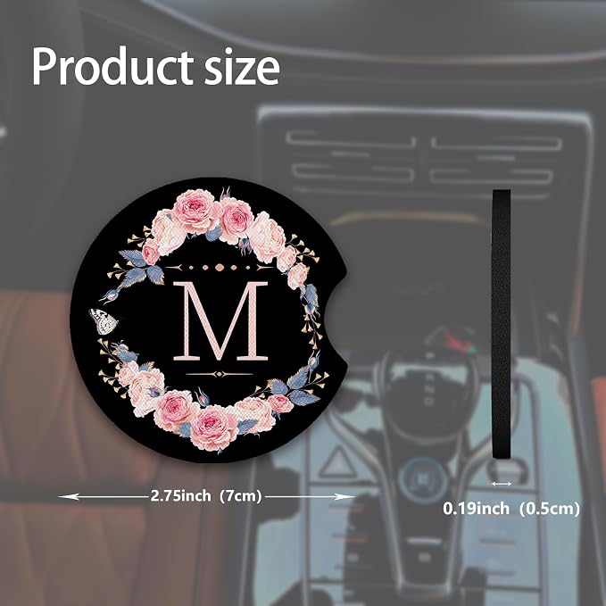 2pcs Letter M Car Coasters,Absorbent Universal neoprener Cup Holder Coasters with a Finger Notch,Car Accessories for Women&Man Interior，2.75"