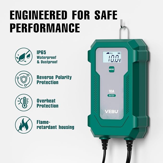 10A 6V/12V Smart Battery Charger- Automatic Maintainer, Trickle Charger & Desulfator with Overcharge Protection, Plug & Play Design for Lead-Acid & LiFePO4 Batteries