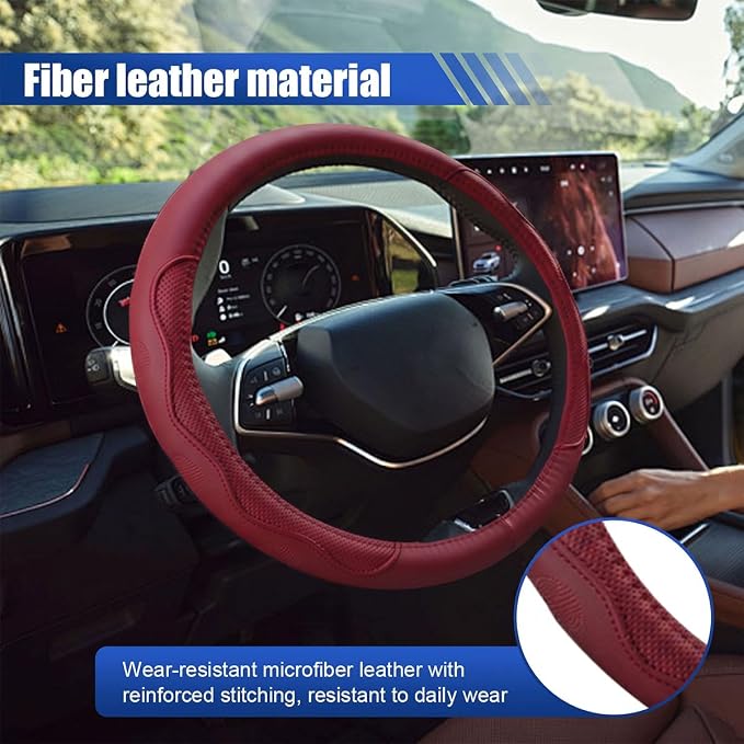 15 Inch Leather Car Steering Wheel Cover for SUV, Truck, Burgundy | Anti-Slip Breathable Automotive Steering Wheel Protector, Universal Heat Resistant Vehicle Interior Accessories