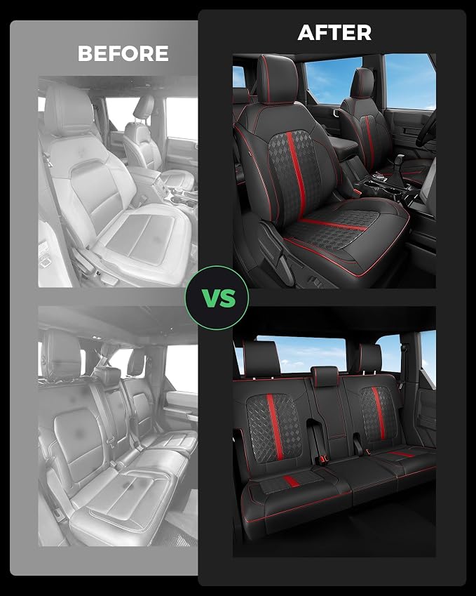 Custom Fit Leather Seat Covers for 2021-2026 Ford Bronco 4 Door | OEM fit, premium waterproof leather, full coverage, anti-slip, storage pockets, long-term durability, airbag compatible