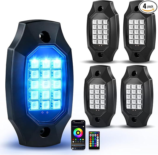 4 Pods RGB LED Rock Lights with APP/RF Remote Control High Brights Waterproof Underglow Multicolor Zone Neon Exterior Rock Lights for 12V Trucks Jeep UTV ATV RZR Offroad Pickup SUV Accessory