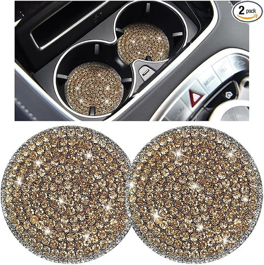 Bling Car Cup Holder Coaster, 2PCS 2.75 Inch Crystal Rhinestone Anti Slip Vehicle Drink Cup Mat for Women Girls, Auto Interior Embedded in Ornaments. Universal for SUV RV Truck (Gold)