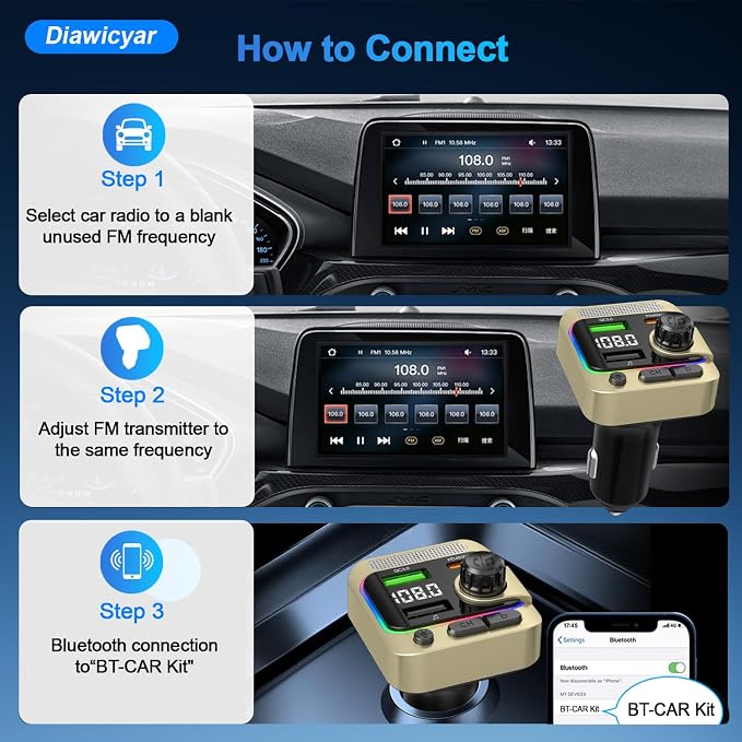 63W FM Transmitter Bluetooth Car Adapter, Wireless FM Bluetooth Transmitter | [PD 45W & QC3.0] Fast Charge, Deep Bass Player, Hands-Free Calling, Gold