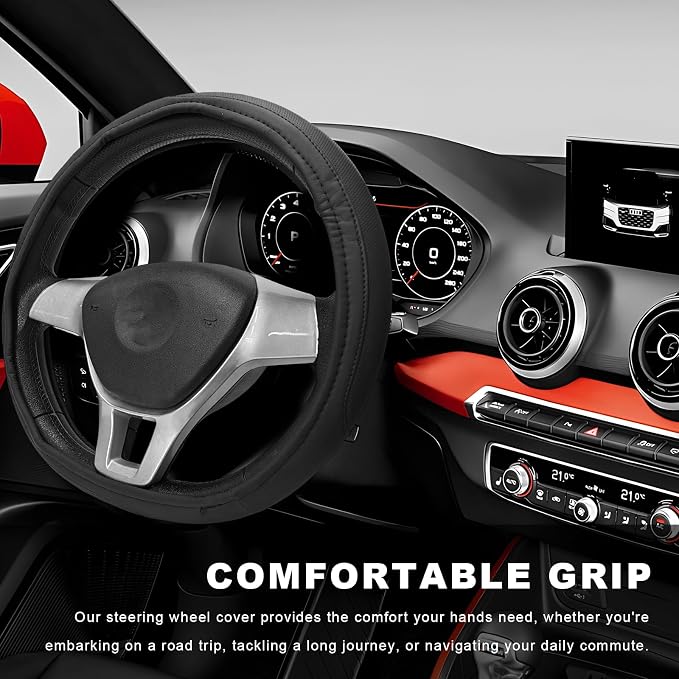 Sun Walker Steering Wheel Cover, Breathable Leather Steering Wheel Covers with Perforated Sides, Anti-Slip Comfortable Grip Auto Sleeve for 14.5-15 Inch Wheels, Car Accessories (Black)