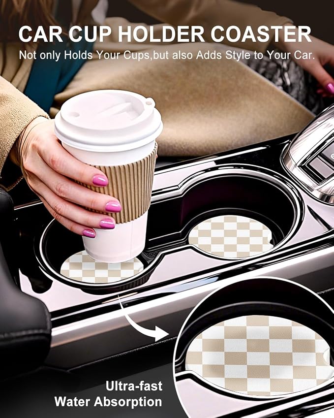 Swooflia Car Coasters for Women - White Checkered Ceramic Car Cupholder Coaster Absorbent Mat Coaster with Cork Base 2 Pack 2.55 inch Automotive Cup Holder Accessories New Driver Gifts for Decor
