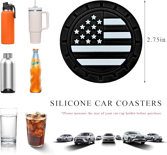 4 PCS Car Cup Holder Coasters, 2.75 Inch Universal Non-Slip American Flag Insert Coaster for Auto Cup Holders, Shockproof Car Drink Mat for Men Women, Vehicle Interior Decor (Black)