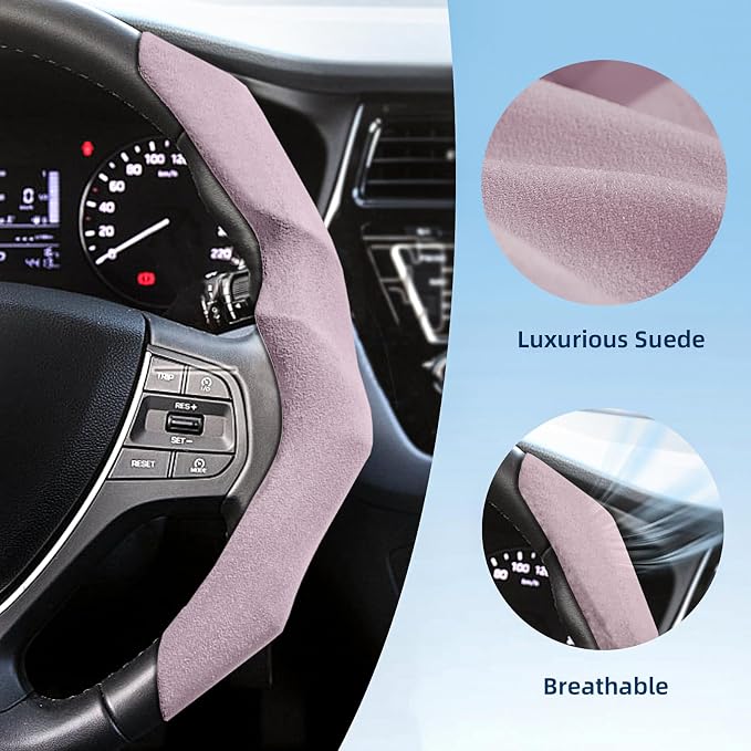 Suede Steering Wheel Cover 2PCS Segmented Clip-on Protector (Suede Pink) | Universal Fit, Anti-Slip Lining, Sporty Style, Car Interior Accessory for Men and Women