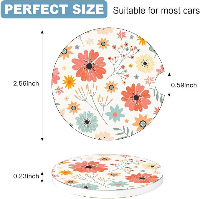 Car Cup Holder Coaster Set of 2, 2.56 in Ceramic Coasters, Scratch-Resistant Cork Backing, Finger Groove Design for Easy Placement, Cute Car Accessories Interior for Women (Red Flowers)