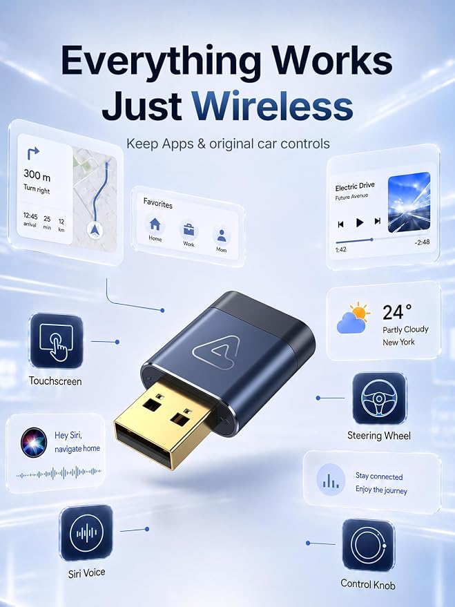 Wireless CarPlay Adapter for Apple Daily Commute, Wired to Wireless | Ultra Mini, Cooling Design, Fast Stable Connection, Easy to Set Up, USB C/A, Bluetooth 3s Reconnect, Maps Music Calls